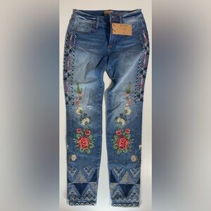 DRIFTWOOD WOMEN'S MEDIUM WASH HIGH RISE FLORAL EMBROIDERED STRETCH Skinny JEANS.